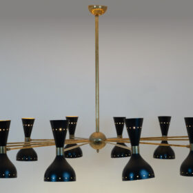 24-Light Diabolo Chandelier in patinated brass and black lacquer