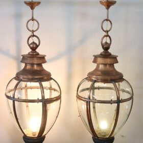 Pair of Very Large Copper and Glass Lanterns, Italy 1940s