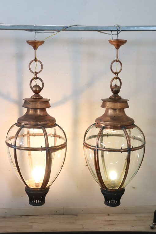 Pair of Very Large Copper and Glass Lanterns, Italy 1940s - Image 2