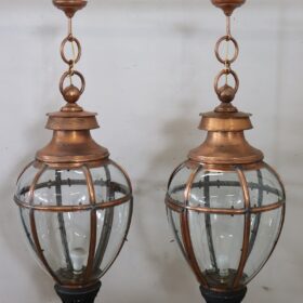 Pair of Very Large Copper and Glass Lanterns, Italy 1940s