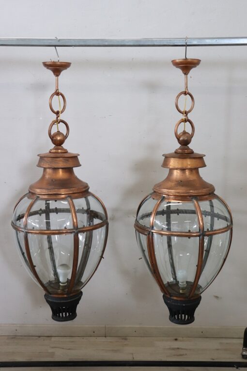 Pair of Very Large Copper and Glass Lanterns, Italy 1940s - Image 3