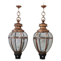 Pair of Very Large Copper and Glass Lanterns, Italy 1940s