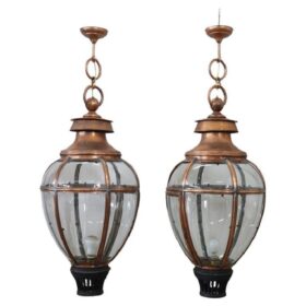 Pair of Very Large Copper and Glass Lanterns, Italy 1940s