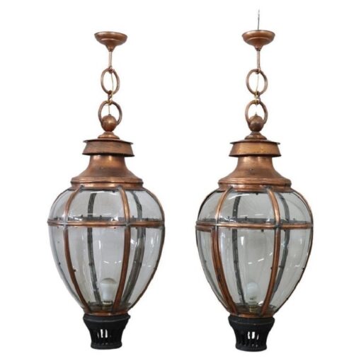 Pair of Very Large Copper and Glass Lanterns, Italy 1940s