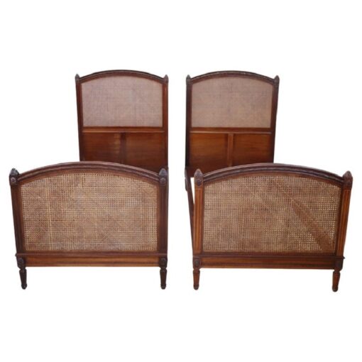 Early 20th Century Italian Walnut and Vienna Straw Pair of Single Beds