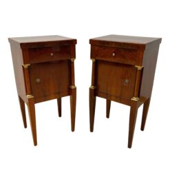 Pair of Venetian Empire nightstands, Northern Italy circa 1810, walnut veneer with gilt columns and brass lion-head pulls.- Styylish