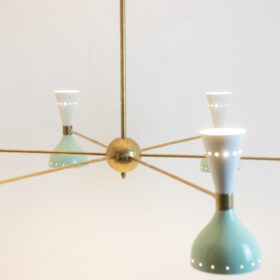 Mid-Century Italian Diabolo Chandelier in Brass and Green Lacquer