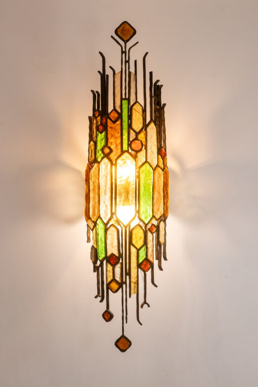 Wrought Iron Wall Lamp, Colored Glass, 1960s. - Image 3