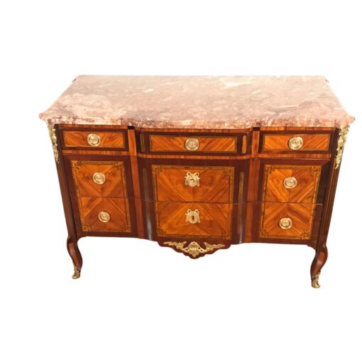 French Louis XV-Transition chest of drawers, front view, showing three drawers with satinwood, rosewood, and kingwood veneer.
