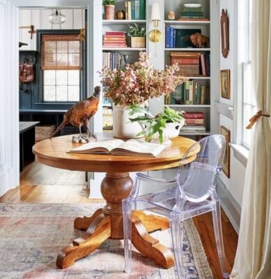 Antique Table. View of a 19th century table combined with modern chair- Styylish