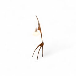 Maison Rispal ‘Praying Mantis’ floor lamp in blond elm with pleated rhodoïd spherical shade, French mid-century modern lighting, 1950s–60s- Styylish