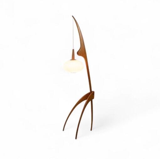 Maison Rispal ‘Praying Mantis’ floor lamp in blond elm with pleated rhodoïd spherical shade, French mid-century modern lighting, 1950s–60s- Styylish