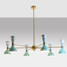 Mid-Century Italian Diabolo Chandelier in Brass and Green Lacquer