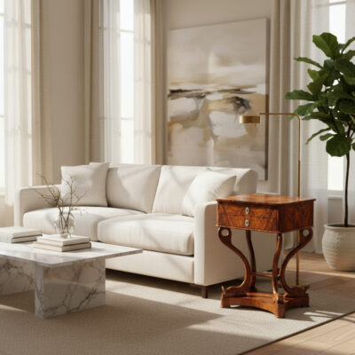 Small Side Tables- Biedermeier table next to a modern sofa- Styylish