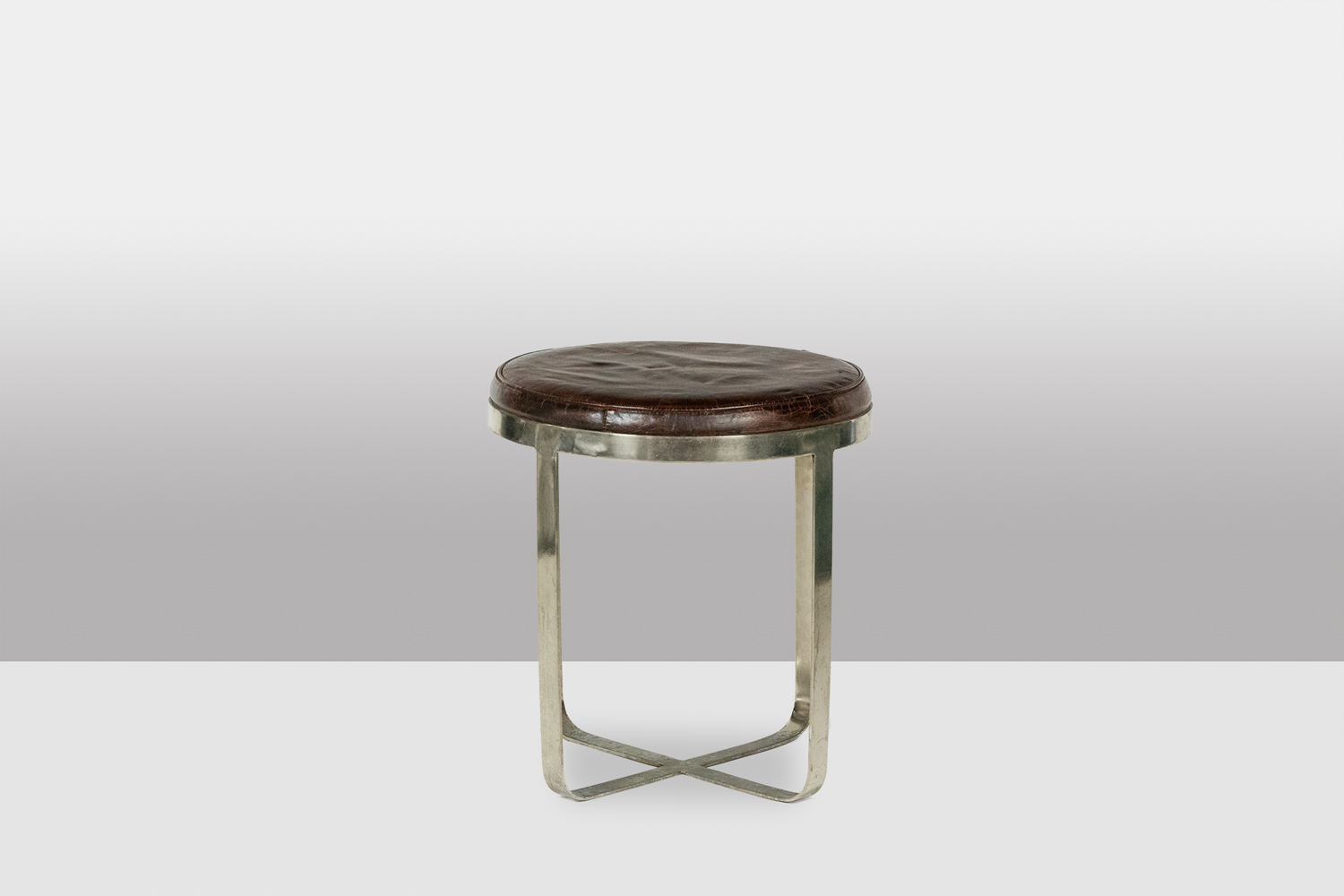 Round Industrial-Style Stool, Metal and Leather, 1970s - Image 2