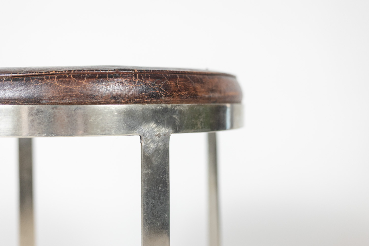 Round Industrial-Style Stool, Metal and Leather, 1970s - Image 3