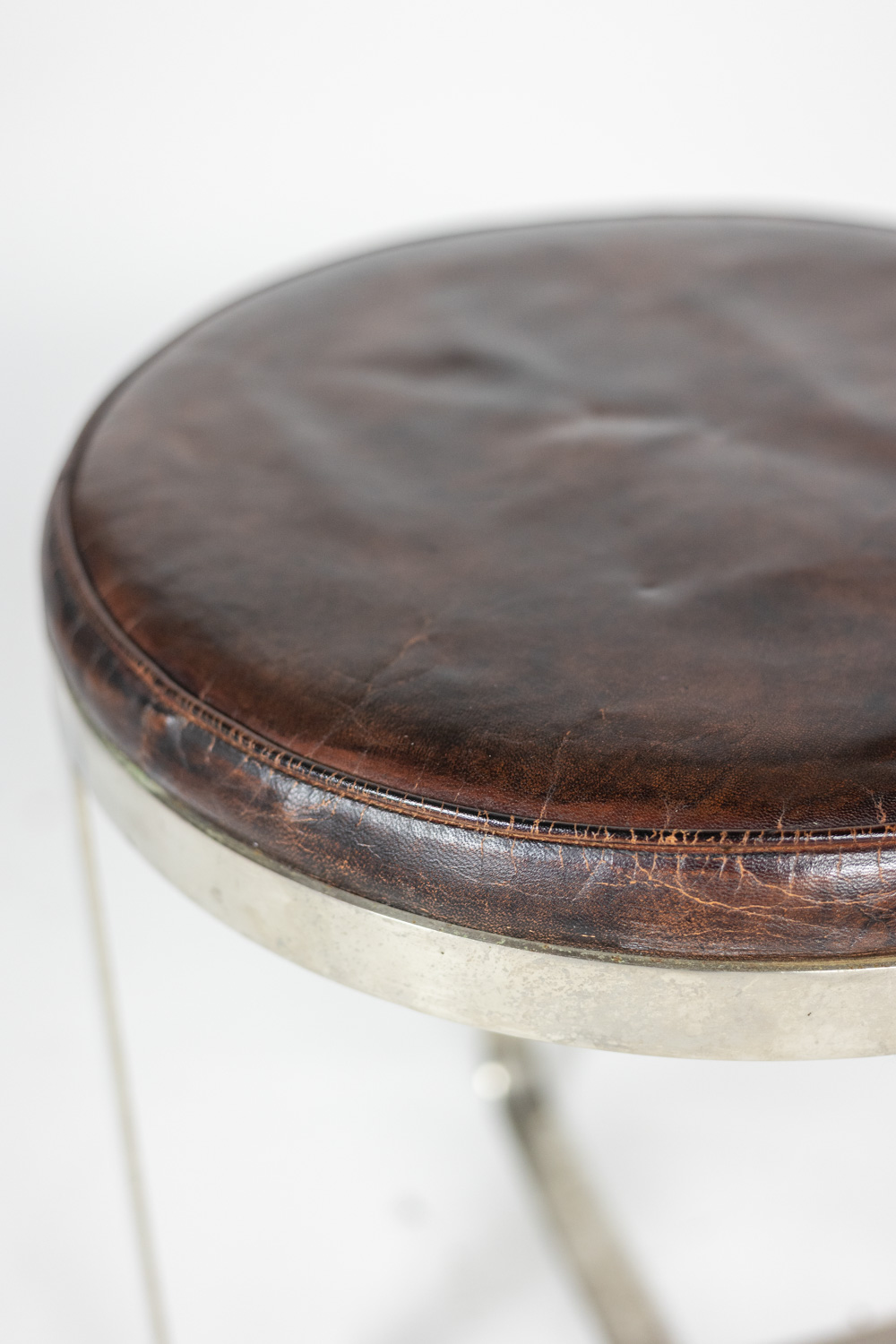 Round Industrial-Style Stool, Metal and Leather, 1970s - Image 4