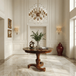 Biedermeier walnut table- Triskelion foot base and piecrust veneer on the top- in an entryway-Styylish