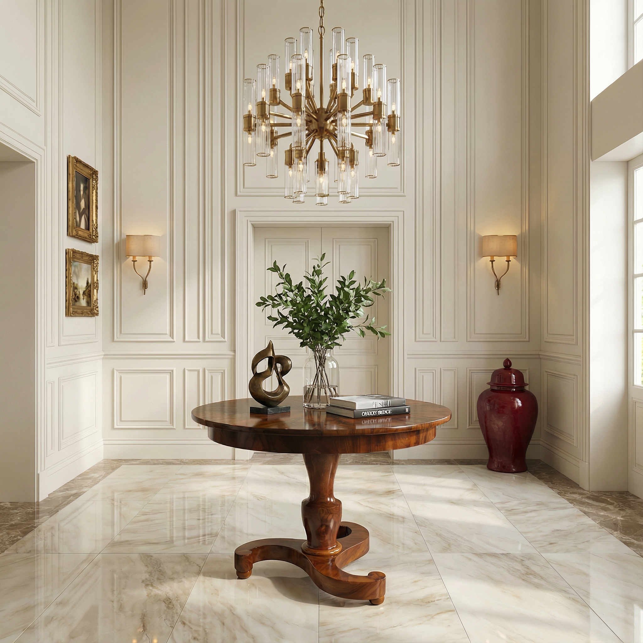 Biedermeier walnut table- Triskelion foot base and piecrust veneer on the top- in an entryway-Styylish