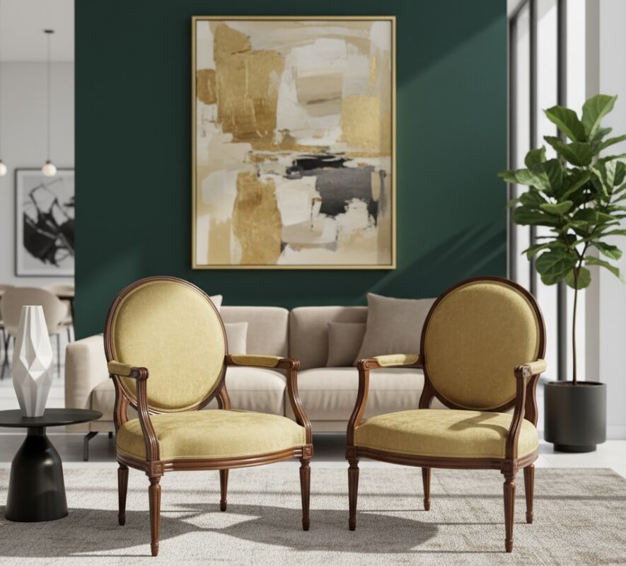 Louis XVI Chair- A pair of Louis XVI Armchairs in a modern living room setting- Styylish