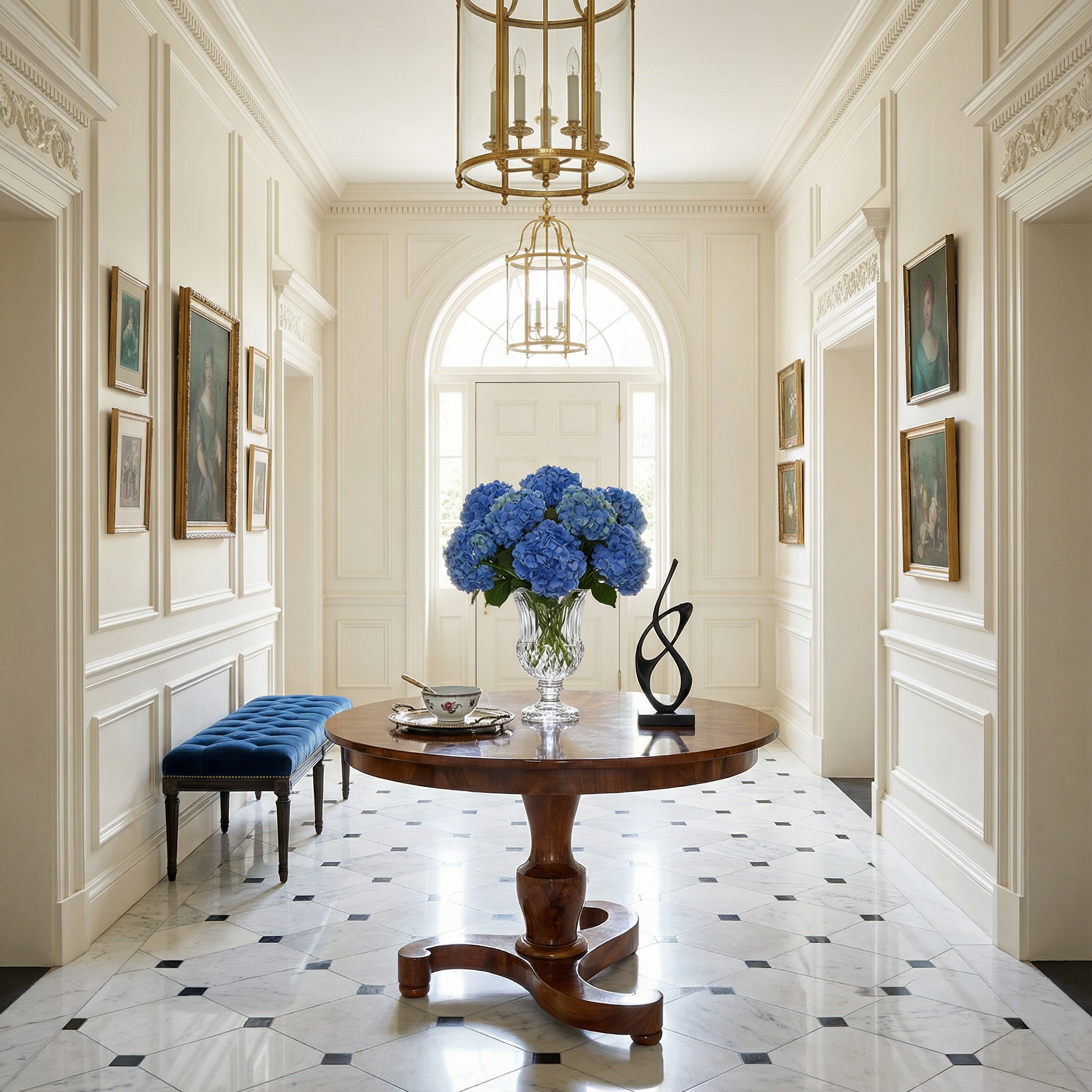 Biedermeier walnut table- Triskelion foot base and piecrust veneer on the top- in an entryway 2-Styylish