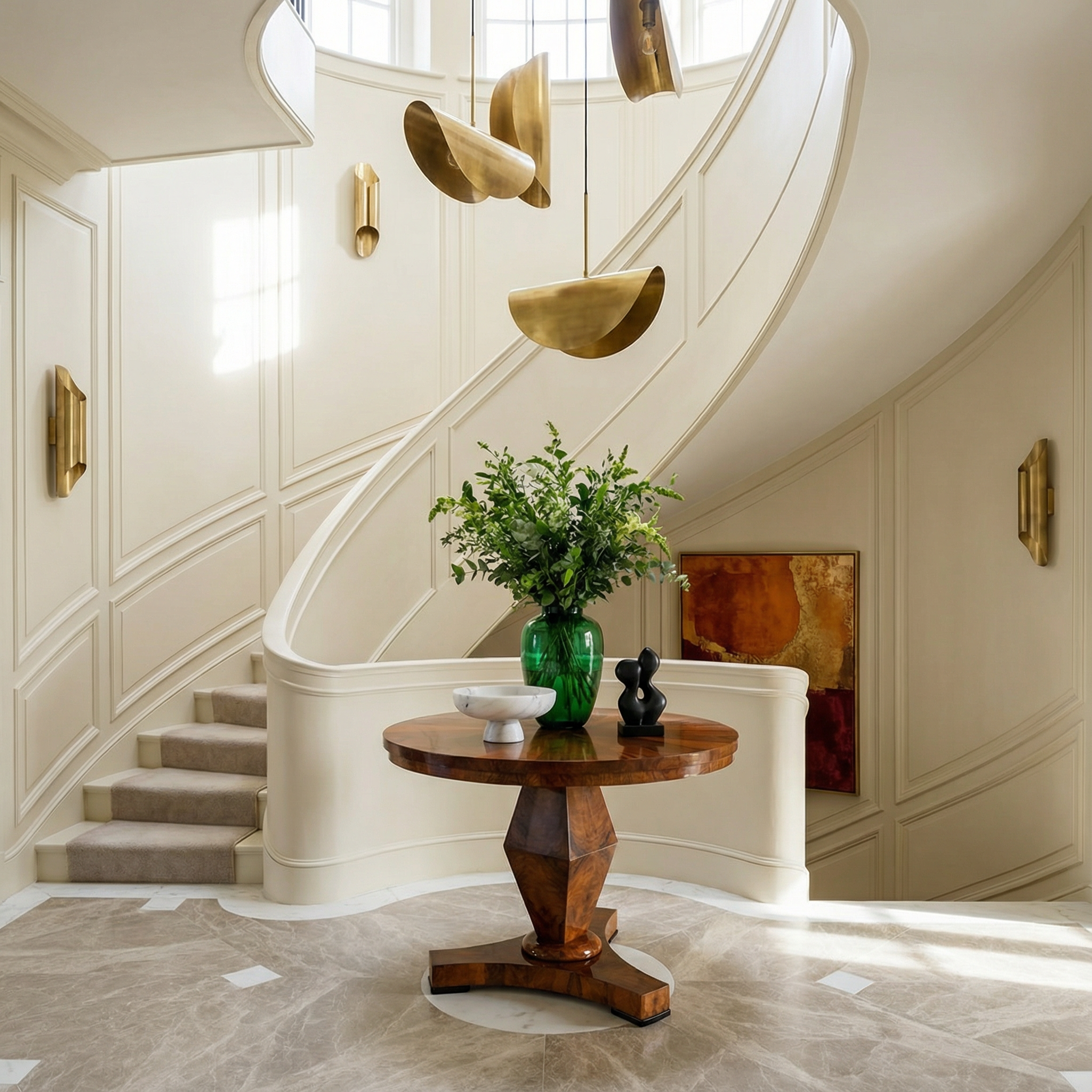 Biedermeier walnut table in an entry hall with contemporary lighting- Styylish