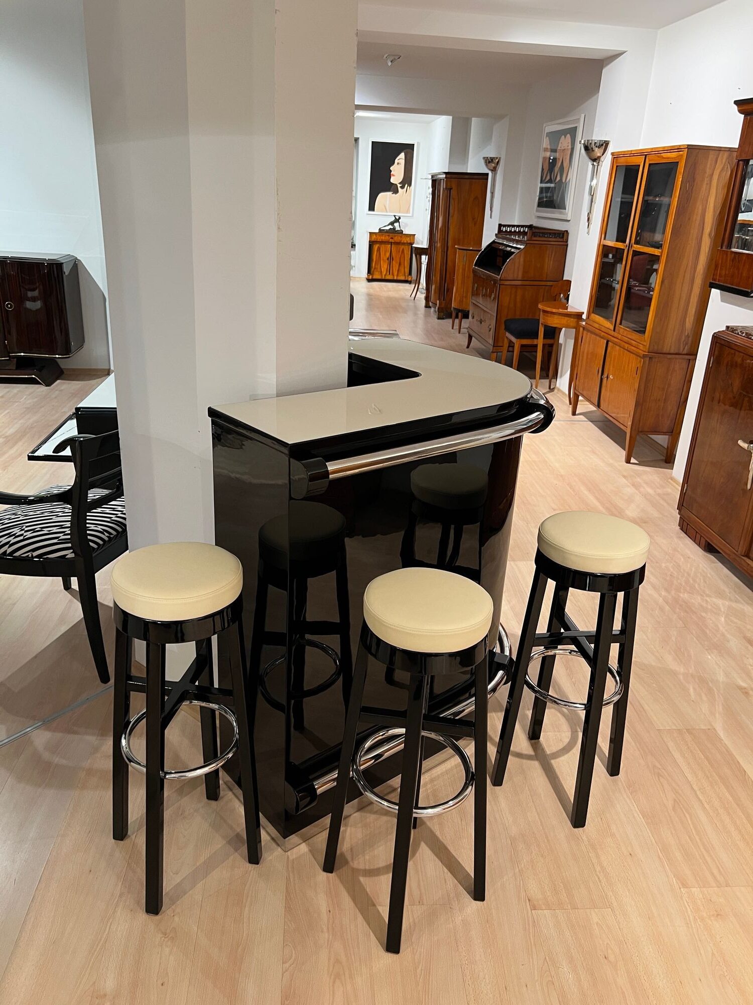 Art Deco Corner Bar with 4 Stools, France circa 1930 - Image 13