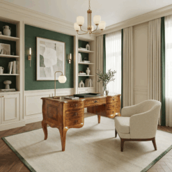 18th century Baroque Desk with leather covering and walnut veneer and marquetry- in situ in an home office- Styylish