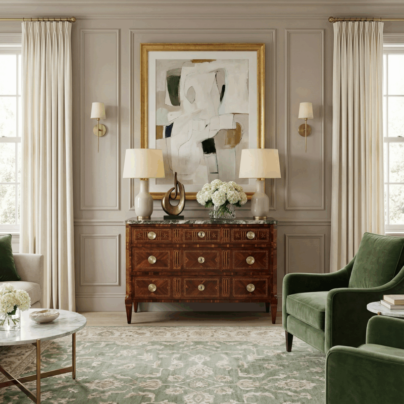 Late 18th century furniture styles- Living room with a Neoclassical Chest of Drawers- Styylish