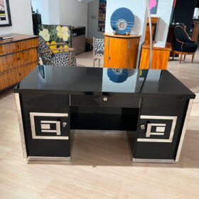Art Deco Desk, Black Lacquer, Walnut, Metal, France, circa 1930/40