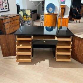 Art Deco Desk, Black Lacquer, Walnut, Metal, France, circa 1930/40