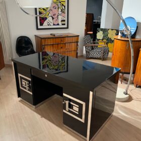 Art Deco Desk, Black Lacquer, Walnut, Metal, France, circa 1930/40