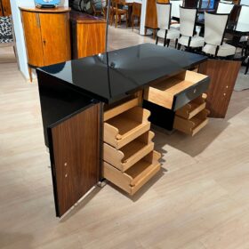 Art Deco Desk, Black Lacquer, Walnut, Metal, France, circa 1930/40