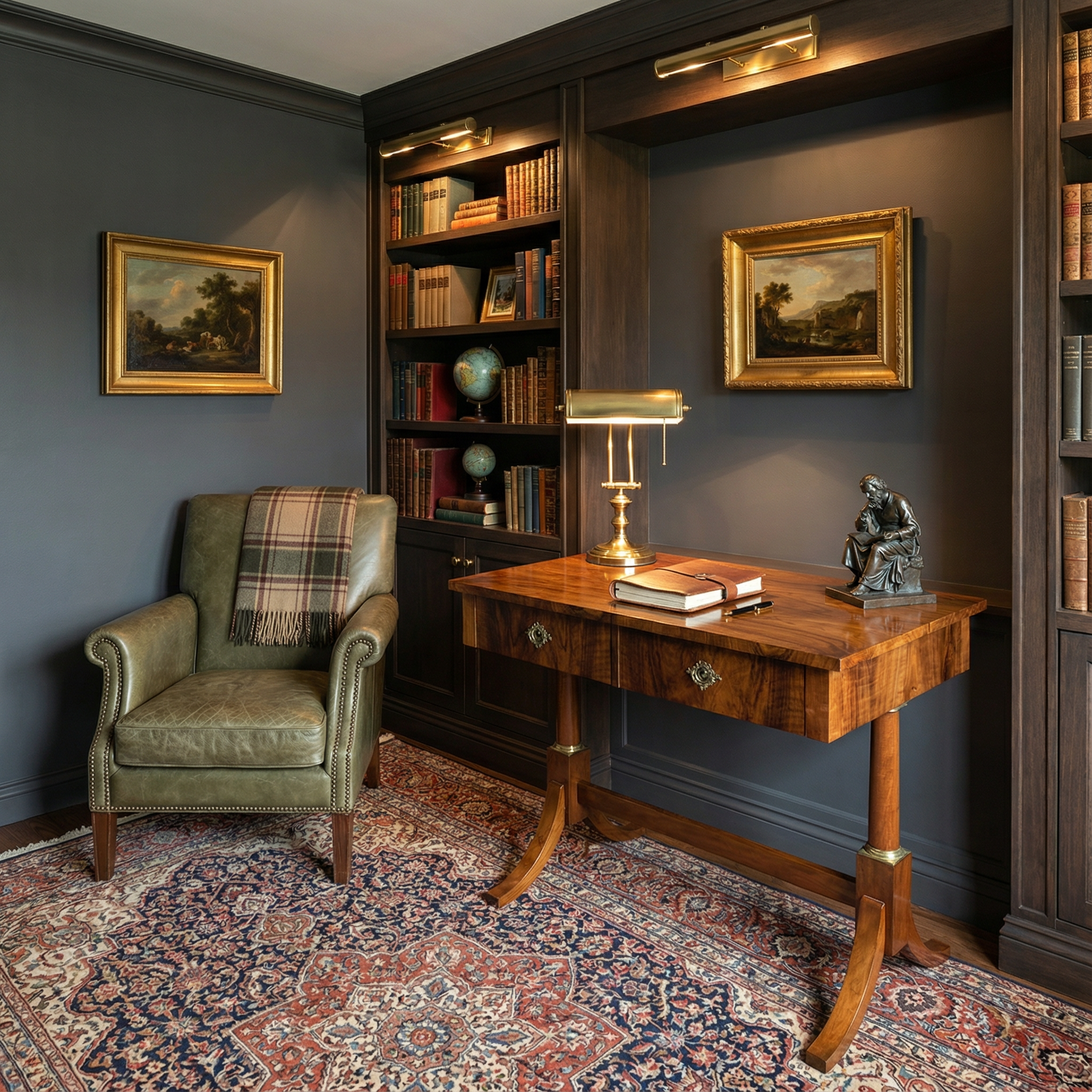 Biedermeier Walnut Desk- in a library setting- Styylish