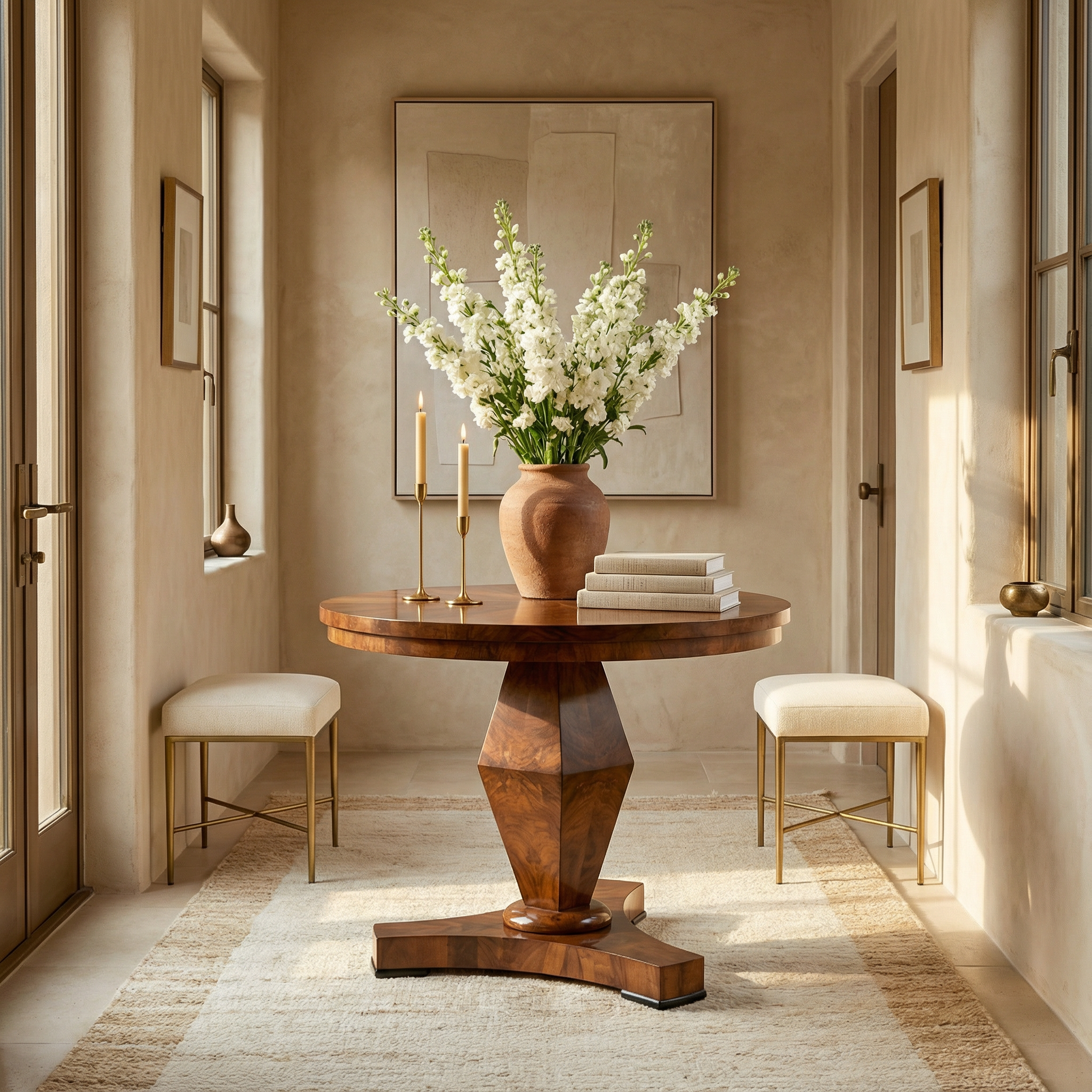 Biedermeier Walnut Table 1820, used as a center table in an entryway- Styylish