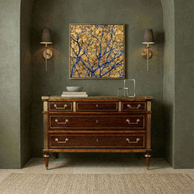 Directoire chest of drawers with marble top, view in an entryway with contemporary art- Styylish