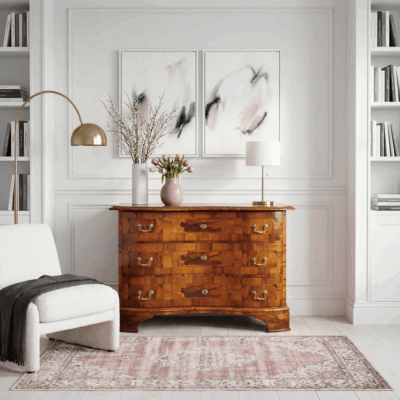 German Baroque Walnut Chest of Drawers in situ in a living room setting- Styylish