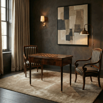 Neoclassical Game Table with Empire armchairs- example for antique furniture for interior designers- Styylish