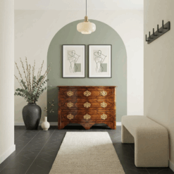 South German Baroque Chest of Drawers- Walnut veneer- in situ with green wall- Styylish