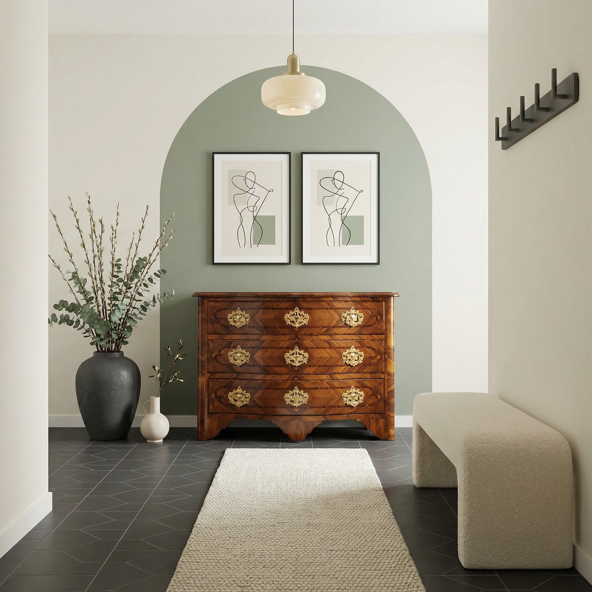 South German Baroque Chest of Drawers- Walnut veneer- in situ with green wall- Styylish