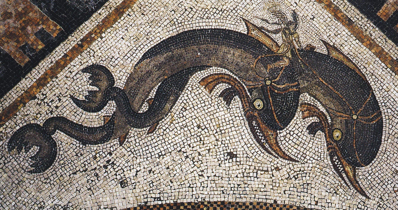 Roman-era floor mosaic on Delos depicting Eros riding on dolphins, c. 120–80 BCE- Styylish