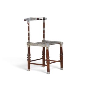 Folk Art Chair with Hammered Metal Decoration, 20th Century