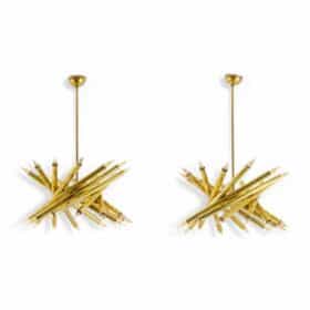 Pair of 24-Light Italian Chandeliers in Patinated Brass, 1980s.