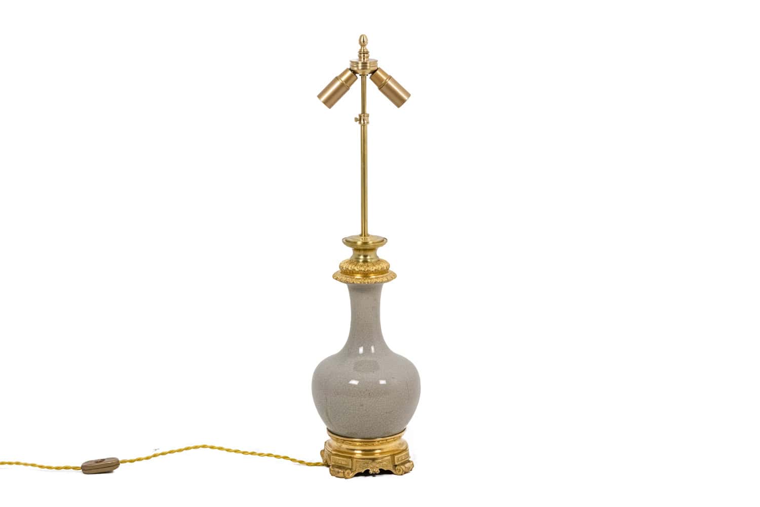 Antique Crackled Porcelain Lamp with Gilt Bronze - View Without Shade - Styylish