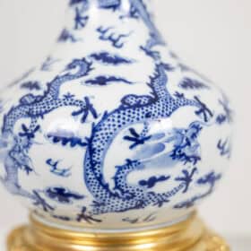 Antique French Blue and White Porcelain Dragon Lamps