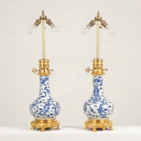Antique French Blue and White Porcelain Dragon Lamps