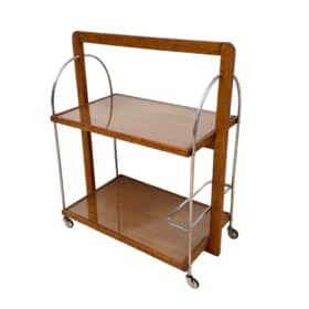 Art Deco Serving Trolley, Oak wood, Chrome and Glass, France circa 1930