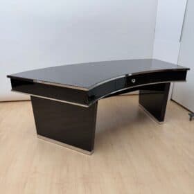 Art Deco Desk, Black Lacquer, Walnut, Metal, France circa 1950