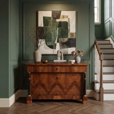 Biedermeier chest of Drawers in an entryway with green background- Styylish