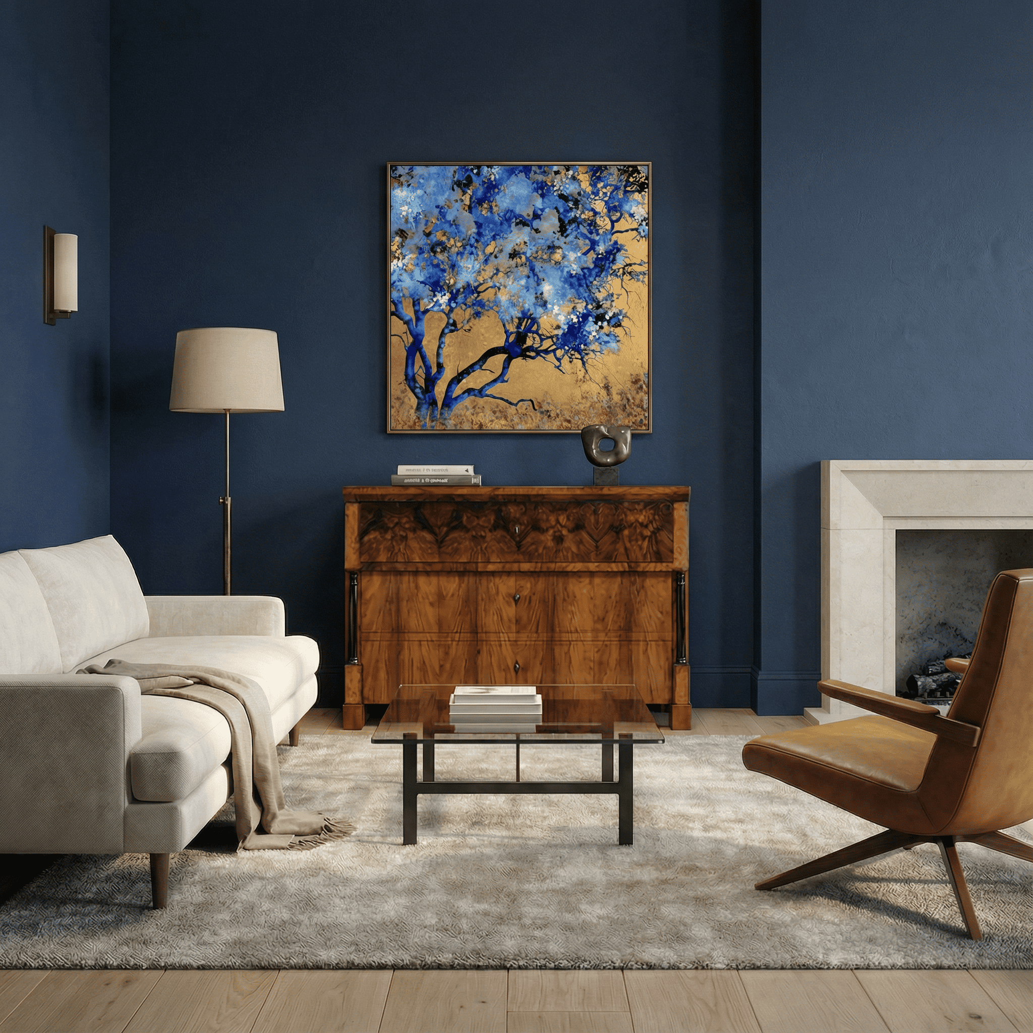 Biedermeier chest of drawers in a living room with a blue wall color and a contemporary painting- Styylish